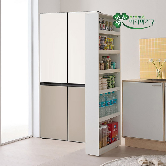 아라마 셀라이동식높은틈새수납장 폭200 / 폭240 키큰 슬라이딩 냉장고 틈새장 주방 수납 진열장, 화이트
