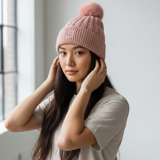 여성 스마일 비니 털모자 방한 골지 니트 모자 뜨개 숏비니