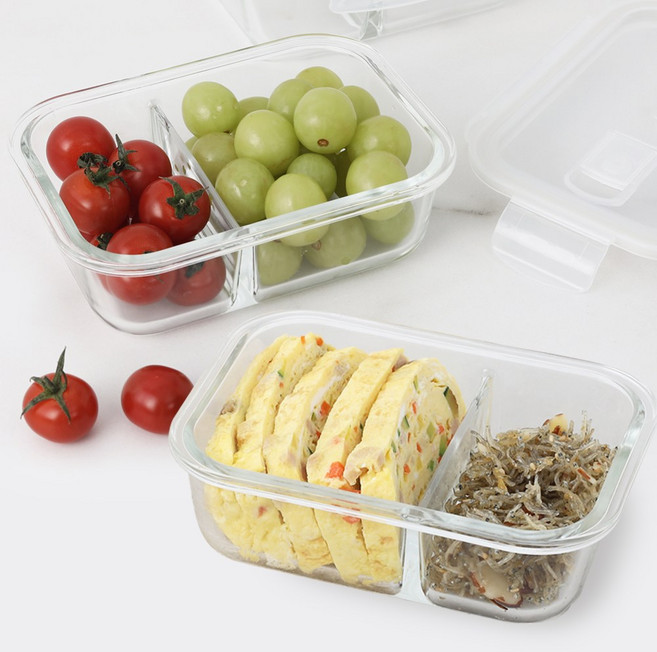 파쿠젠 1+1 내열유리 나눔 반찬통 세트 밀폐용기 직사각 2칸 640ML 2P, 2개, 2절640ML