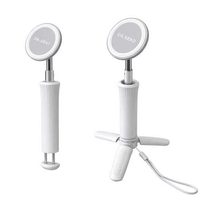 다세코 맥세이프 핸드폰 거치대 360도 회전 셀카봉 스마트폰 미니 삼각대 세트, 1개, 화이트, 오시