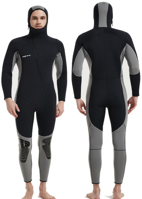 남성용 네오프렌 3mm 웻슈트 스노클링 다이빙 서핑 수영 겨울용 방풍 잠수복, 연그레이 5MM 일체형 모자