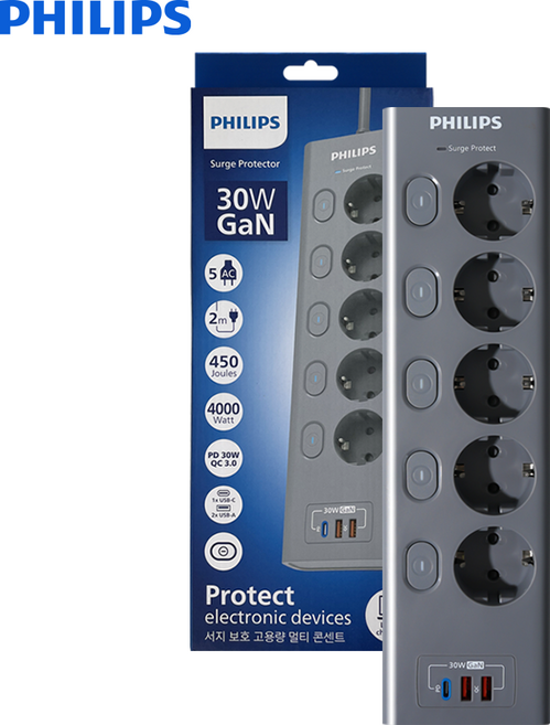 필립스 멀티탭 맥스플러스 USB 서지보호 고용량 개별스위치 고속충전, 그레이 CHP6753GA, 1개, 2m