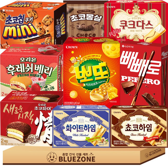 [블루존] 오리온 크라운 롯데 곽과자 세트 초코파이 초코칩쿠키 미니 뽀또 후레쉬베리 쵸코하임 화이트하임 쿠크다스 화이트 뽀또 빼뺴로 초코몽실, 1박스, 혼합