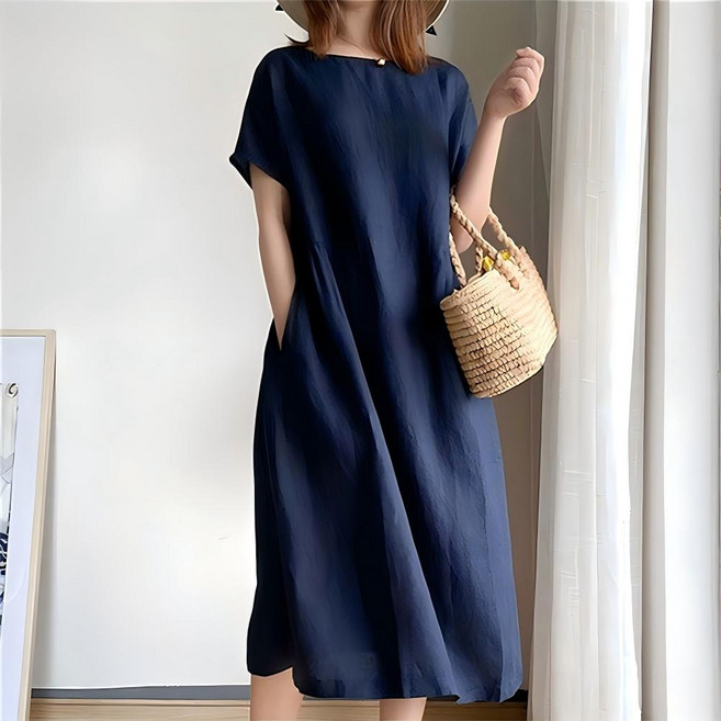 Vezri 여성 롱 원피스 여름 라운드넥 루즈핏 무지 빅사이즈 심플