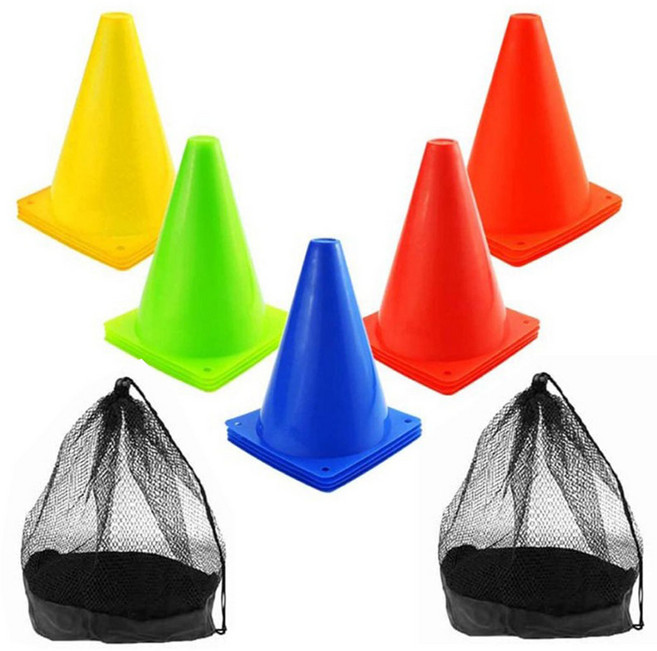 미니 라바콘 고깔콘 삼각콘 축구꼬깔 허들콘 축구콘 축구꼬깔콘 칼라콘 접시 미니콘 10P 높이 23cm + 매쉬가방, 옐로우+오렌지+레드+블루+그린, 1세트, 1