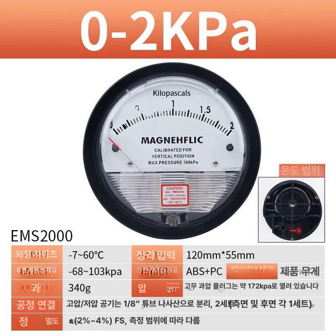 아날로그 압력계 작업장게이지 차압계 기압계 공기, 0-2KPA, 1개