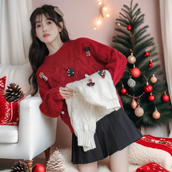 여성 크리스마스 스웨터 겨울 니트 산타 루돌프 스웨터