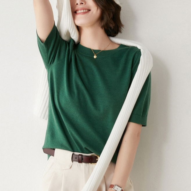 MS HOME 여성 모달 라운드넥 반팔 니트