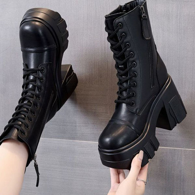 FANSYLI 11cm 여성 통굽 앵클부츠 봄가을 키높이 워커 빅사이즈 스트랩 지퍼 미들부츠 W2508A05