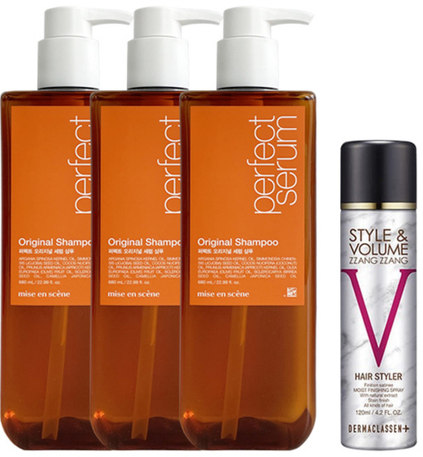 미쟝센 퍼펙트세럼 오리지널 샴푸 680ml x3 + 볼륨짱짱 흑채 스프레이 자연갈색 120ml, 1개, 2.16L