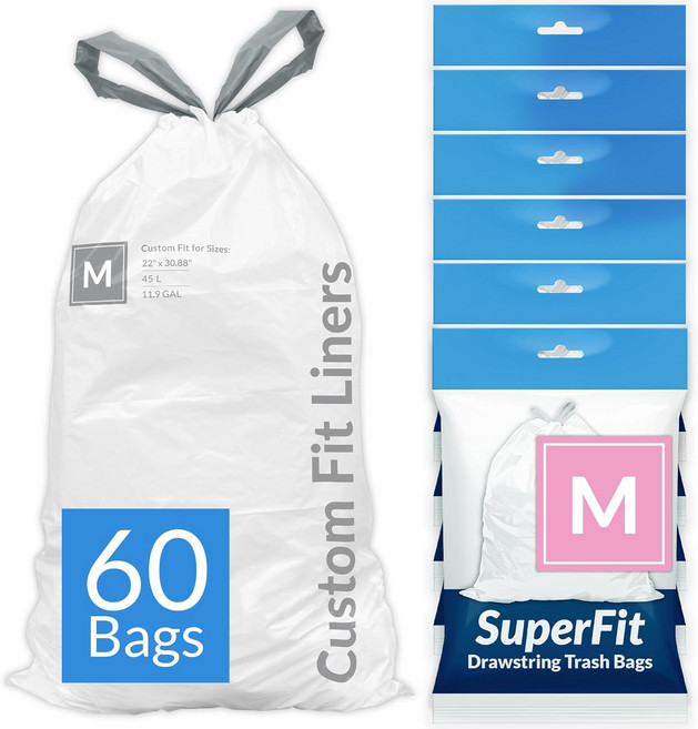 li 슈퍼핏 코드 M 60 카운트 심플휴먼 M과 호환 디스펜서 팩 커스텀 핏 라이너 스트링 쓰레기 봉투 45리터 9갤런 화이트