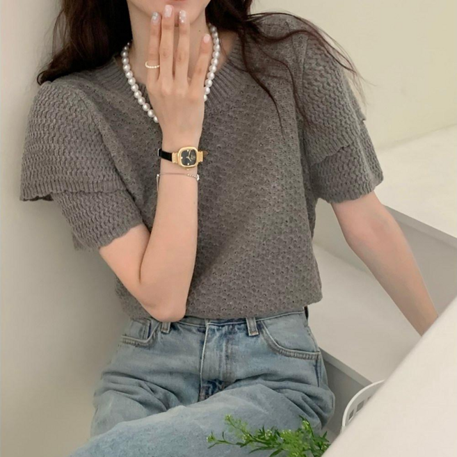 아이보이유걸 여성 빈티지 퍼프소매 반팔 니트티