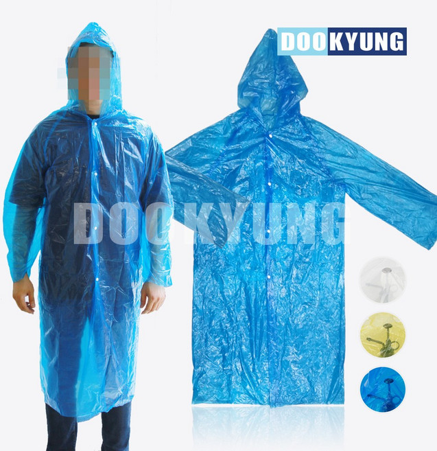 다인누리 남여공용 가벼운 PE 똑딱이 일회용 우의 휴대용 우비 비옷 가오리핏 비닐옷 레인자켓 레인코트 방수코트, 블루, 1개
