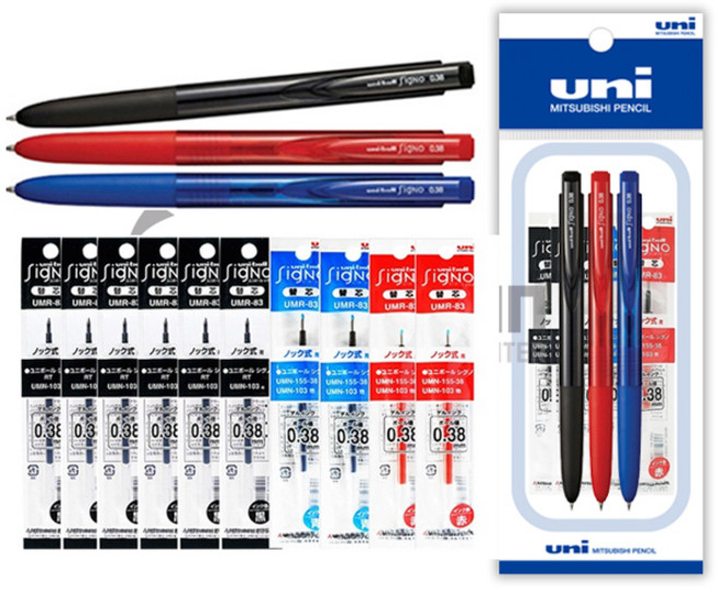 uni 시그노 노크 볼펜 UMN-155 리필 세트, 0.38mm 흑1청1적1+리필 흑6청2적2개 세트
