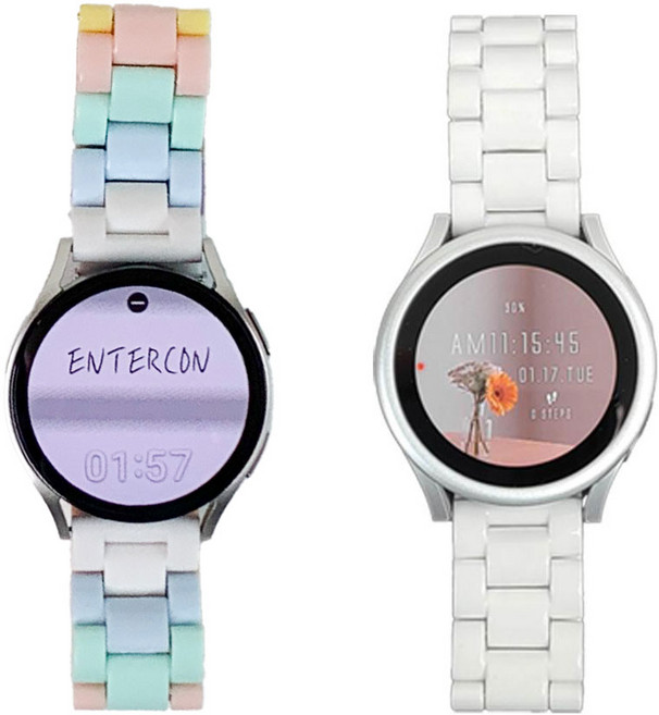 엔터콘 갤럭시워치 스트랩 파스텔 투명 블럭 메탈 밴드 루프, 레인보우+화이트