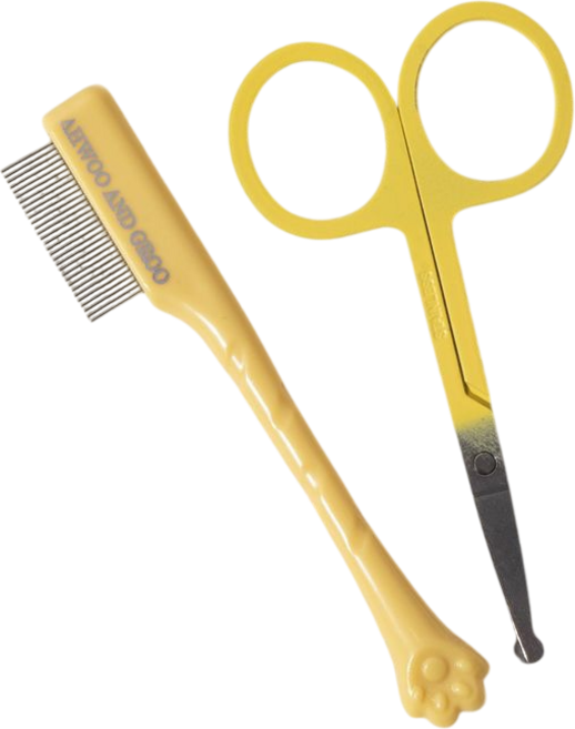 오늘멍냥 강아지 고양이 눈꼽빗 눈물브러시 미용가위 원케어 세트, 1세트, 옐로우 (눈꼽빗+손질가위)