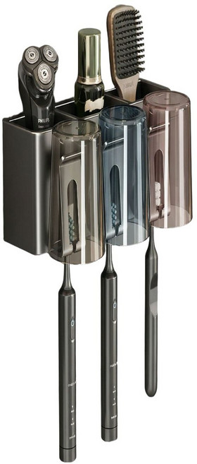 파워라이프 칫솔 걸이 양치컵 포함 3인용 4인용, 그레이 3인용 + 컬러 양치컵, 무타공 건메탈 칫솔 걸이