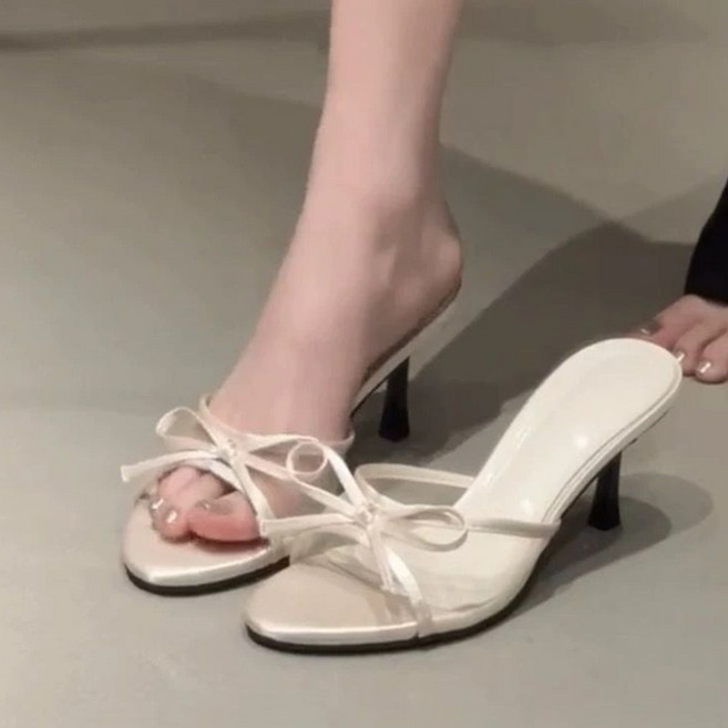 COSYEVNO 여성용 봄여름 스트랩 오픈토 하이힐 뮬 샌들 리본 장식 Tzkggtx-2