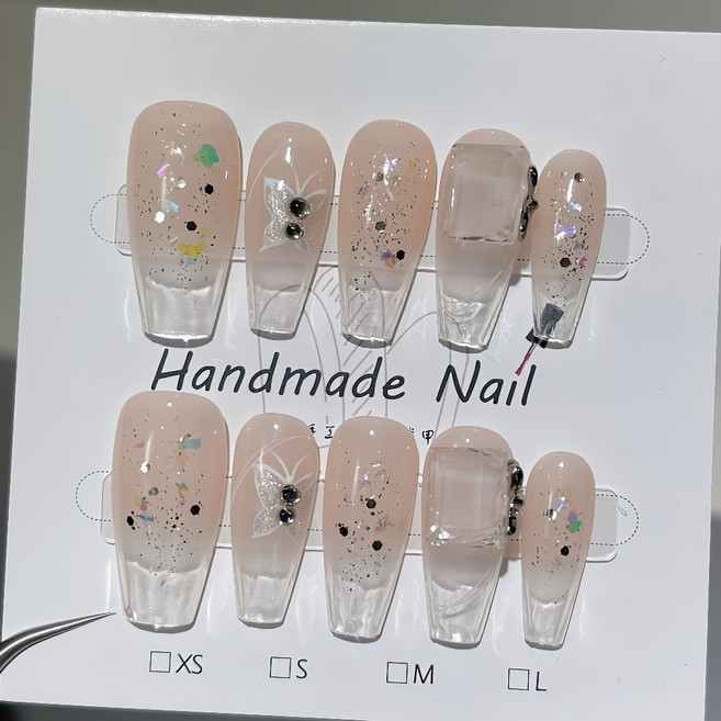 水晶幻境蝴蝶設計穿戴甲, 1個, HNP077-長T-水晶幻境(實品拍攝),M碼