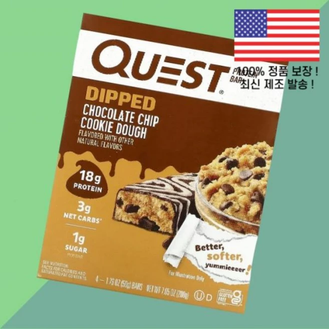 퀘스트 뉴트리션 단백 프로틴 바 디핑 초콜릿 칩 쿠키 도우 4개 각 1.76온스 50g Quest Nutrition Protein Bar Dipped Chocolate Chip - 쿠팡
