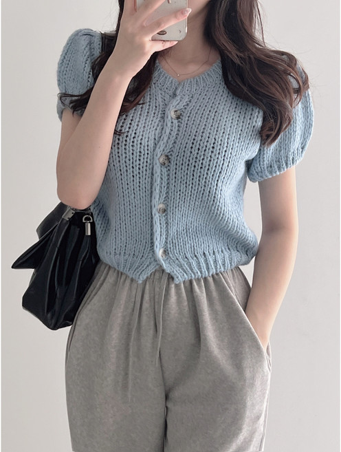 로이든 가디건 여성용 퍼프 소매 반팔 니트