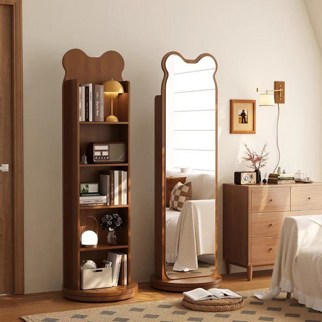 GOOD MOMENT 원목 전신거울 책장 수납 선반 일체형 360도 회전 책장 책꽂이 전신 거울 수납장 드레스룸 침실 인테리어 필수템, 곰모양, 5단
