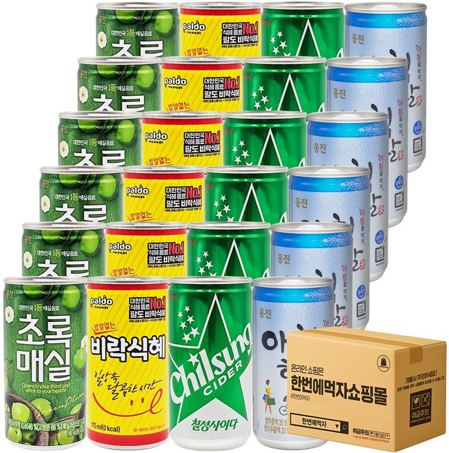 [한번에먹자] 미니캔음료 혼합세트 / 아침햇살 + 초록매실 + 비락식혜 + 칠성사이다, 24개, 175ml