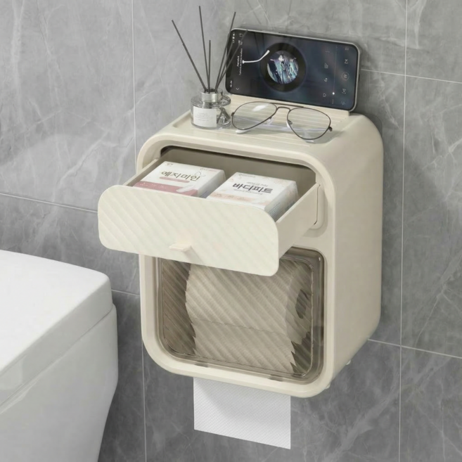 상덕 욕실 벽걸이 휴지 케이스 무타공 방수 화장실 티슈 보관함 선반 수납 휴지걸이, 1개, 아이보리