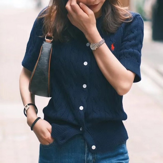 폴로랄프로랜 여성 반팔 가디건 니트 케이블 스웨터 네이비