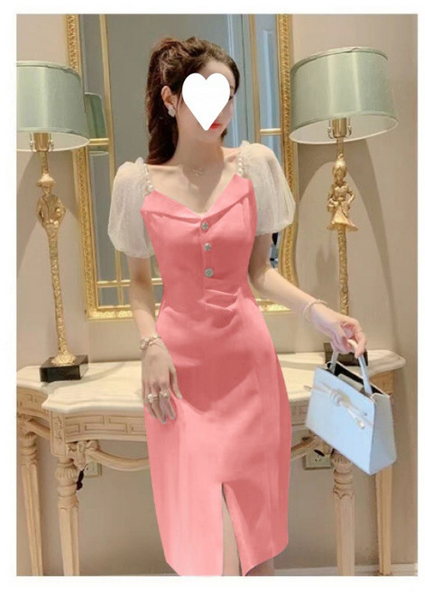 【溫柔法式】連衣裙 吊帶裙 露肩裙 開叉裙 白色連衣裙 氣質長裙 V領設計 高腰顯瘦 夏季約會度假 輕熟風穿搭, SY337粉紅色