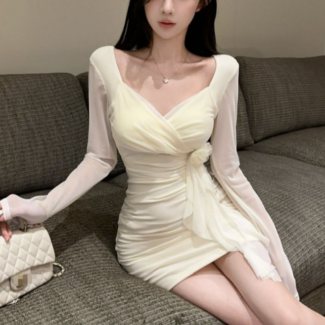 체인지쉬(change she) 여성 슬림핏 섹시 셔링 브이넥 러플 포인트 망사 원피스 파티 드레스