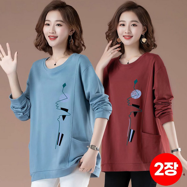 스타일아유 1+1 여성 봄 가을 중년 엄마 캐주얼 오버핏 긴팔 프린팅 티셔츠 TS2352