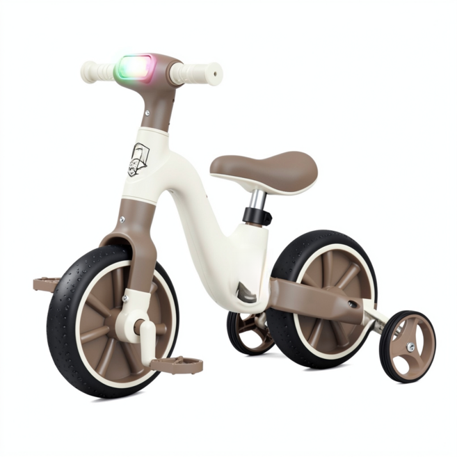 兒童三輪腳踏車 輔助輪滑步車 平衡車二合一 音樂燈光, 咖啡色 x 音樂燈光, 1個, 68cm