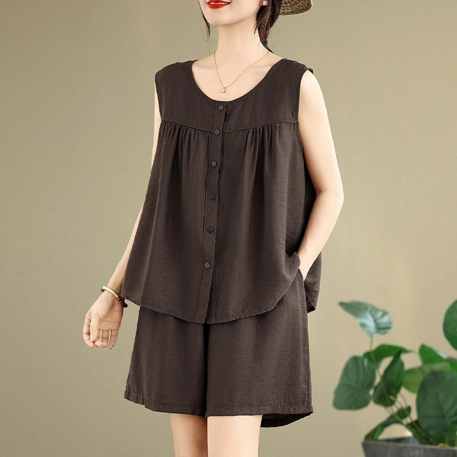 Kingfishe 여성 여름 패션 민소매 블라우스 반바지 세트 ru626DY2