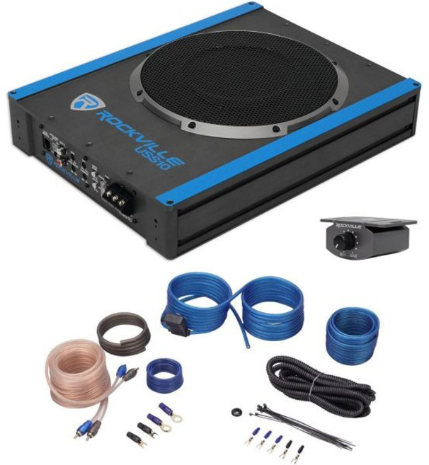 Rockville 전동칫솔 로크빌 자동차 오디오 번들 USS10 10인치 800W 슬림 언더시트 서브우퍼 PWM MOSFET 전원 공급 장치 금도금 ATC 인라인 퓨즈 홀더가
