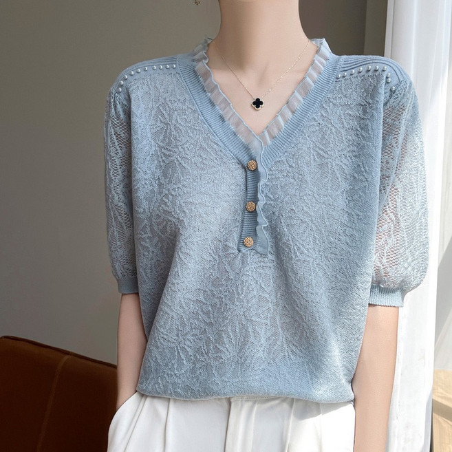 요모조모 4443 여성 여름 레이스 브이넥 반팔 블라우스