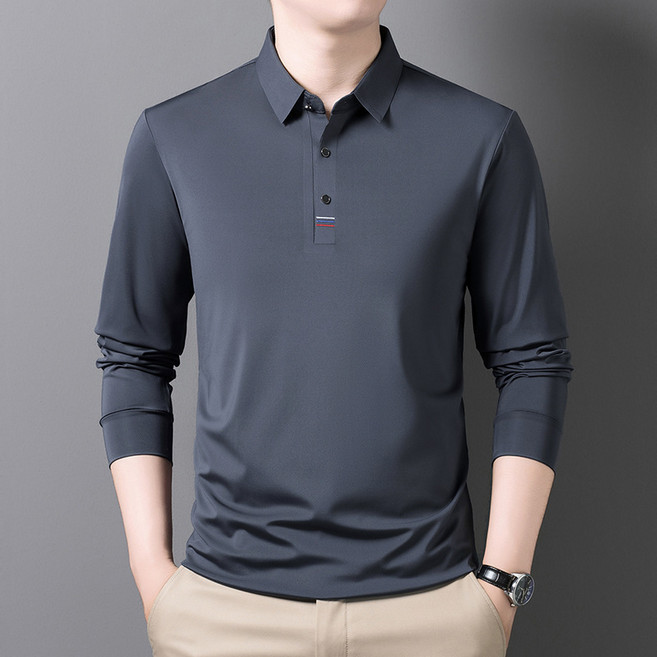 남성용 고급 순색 긴팔 자수 카라 티셔츠 캐주얼 패션 무지 긴팔티 가을겨울 긴팔 카라 티셔츠