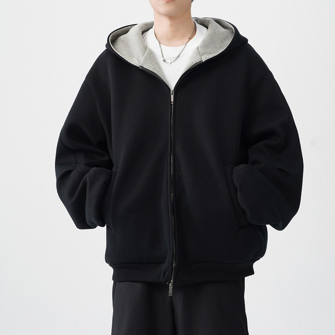 이븐클로젯 남자 오버핏 후드 자켓 투톤 집업 점퍼