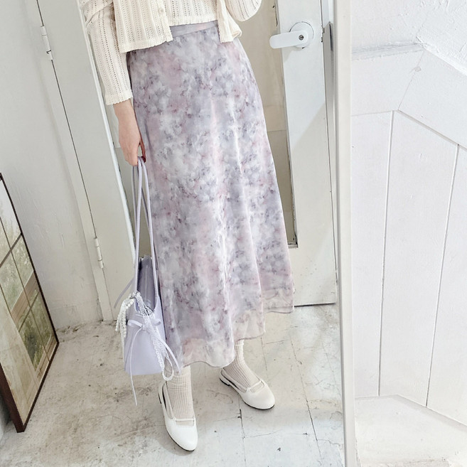 유니크 물나염 쉬폰 롱 스커트