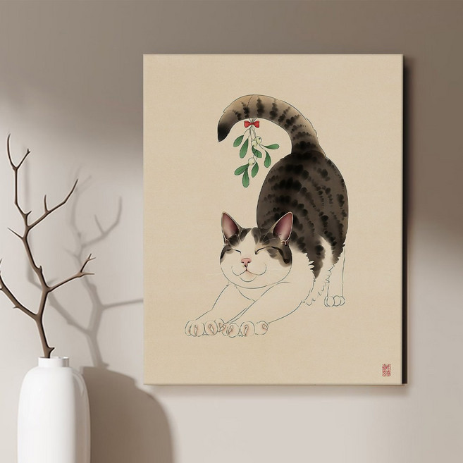 현대 민화 춘묘도 고양이 카페 거실 인테리어 캔버스 그림액자 9종 집들이 선물 고양이그림, 04.나른춘묘