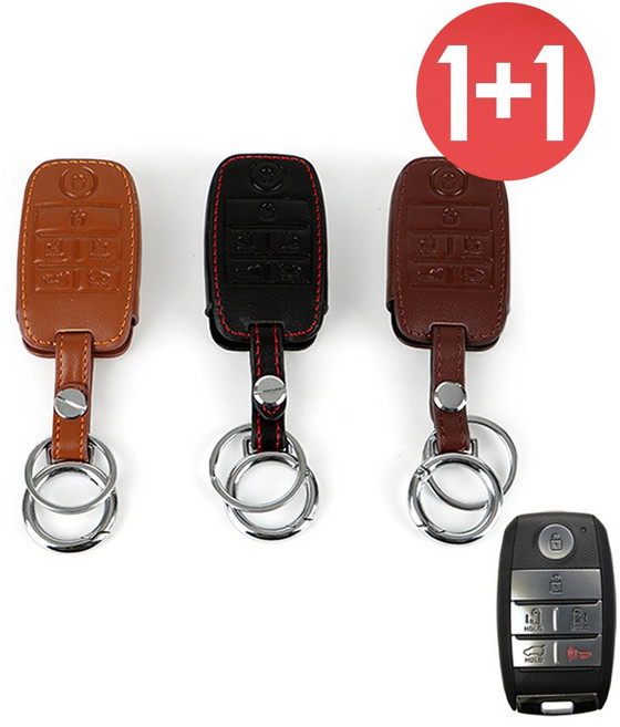 바이어블 1+1 기아 올뉴카니발 호환 6버튼 천연 소 가죽 스마트키 케이스, 블랙+브라운