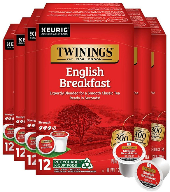 Twinings 디카페인 잉글리시 브렉퍼스트 홍차 K-컵 포드 Keurig용 24개 (1팩) 매끄럽고 맛있고 견고함 뜨겁거나 얼음을 즐기세요