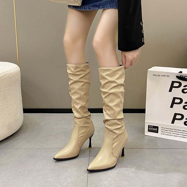 besteffie 여성용 패션 하이힐 가죽 롱부츠 추동 두꺼운 스판 날씬핏 베이직