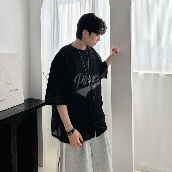 【JES】韓國美式V領棒球風短襯衫 球衣網眼 Players撞色字母貼布刺繡潮流情侶短袖襯衫