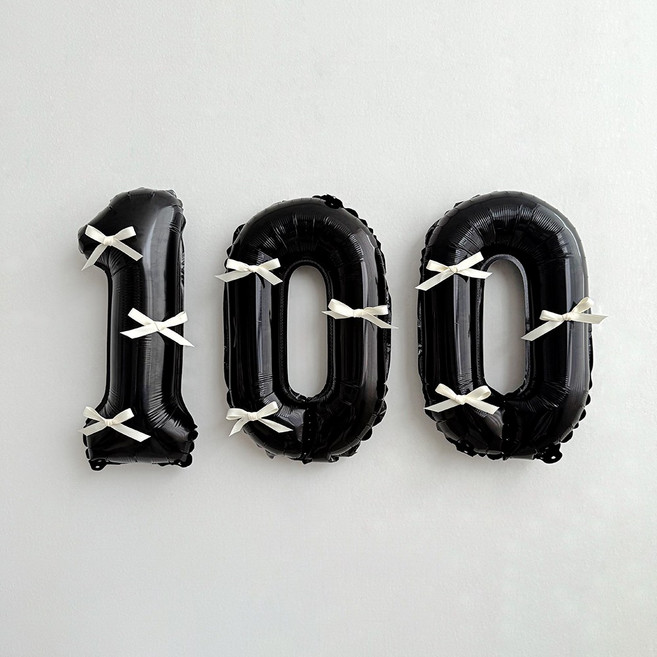 파티몬 블랙 숫자 풍선 발레코어 리본 셀프 백일 촬영 소품 용품, 1개, 1. 블랙숫자풍선+리본세트-100