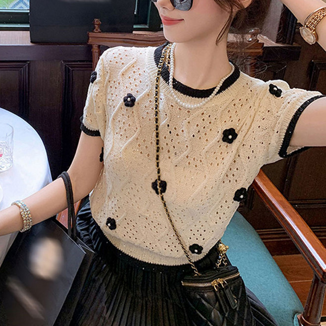 SOSISI 여성 반팔 니트 라운드넥 러블리 니트꽃 소프트 여름 니트 티 H46159