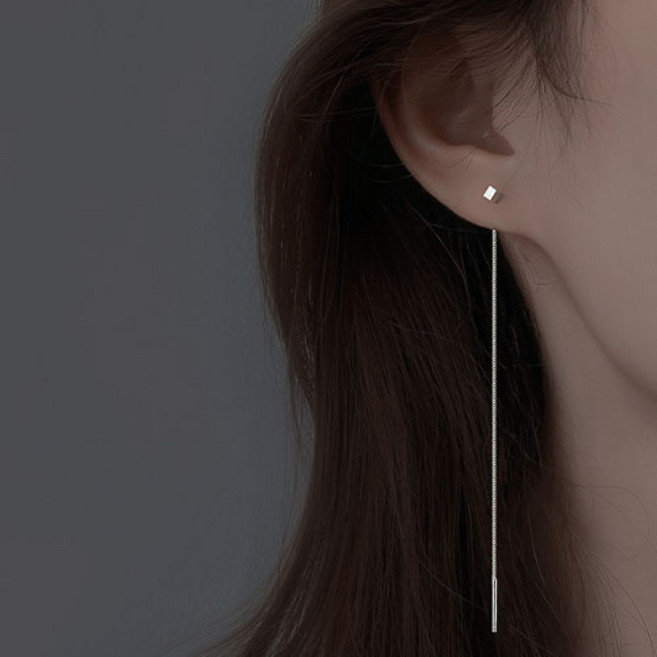여성 심플 메탈 큐브 박스 체인 롱 드롭 귀걸이 A1030