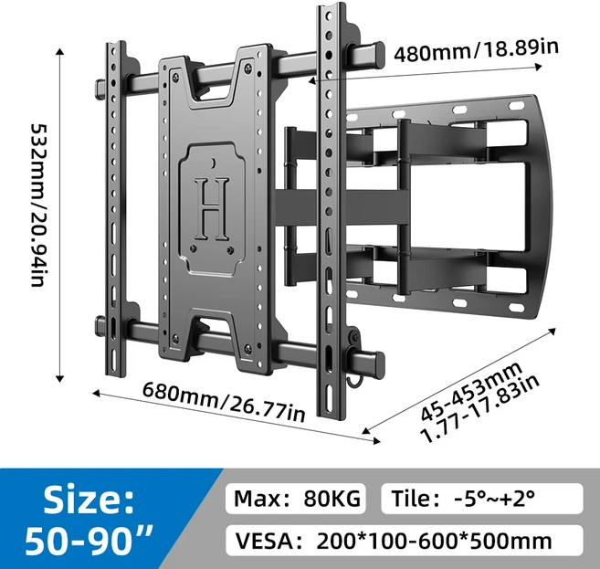대부분의 42-90인치 TV용 벽걸이 브래킷 관절형 암이 있는 풀 모션 마운트 최대 VESA 600x500mm 로딩176l, 01 black