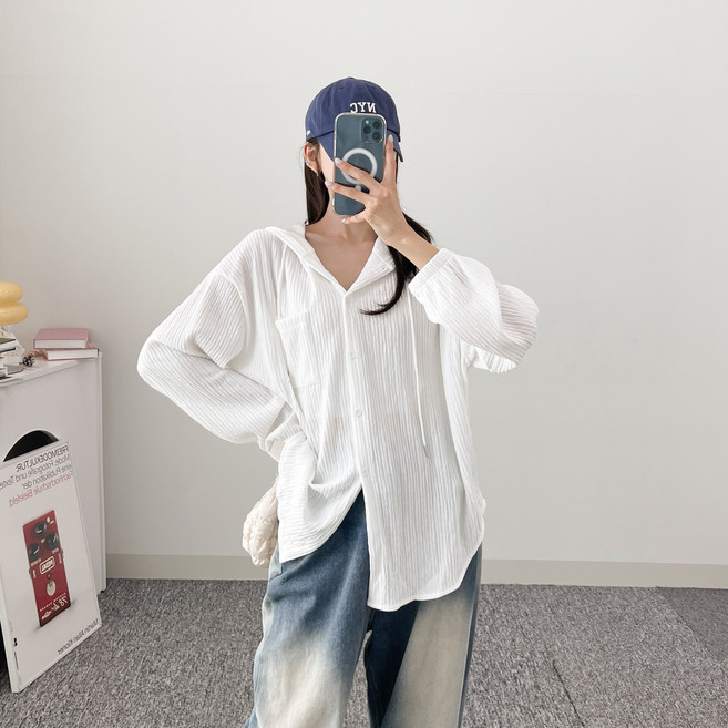 헤아비아 여성 포켓 후드 셔츠 남방 여리핏 루즈핏 긴팔 아우터