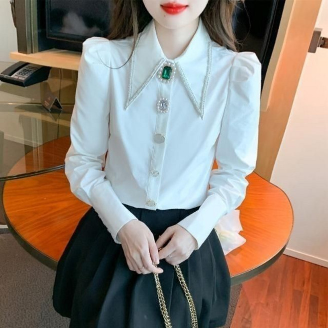 Skyciky 봄가을 여성 셔츠 블라우스 프렌치 비즈 큐빅 장식 디자인 긴팔 셔츠 GG1433